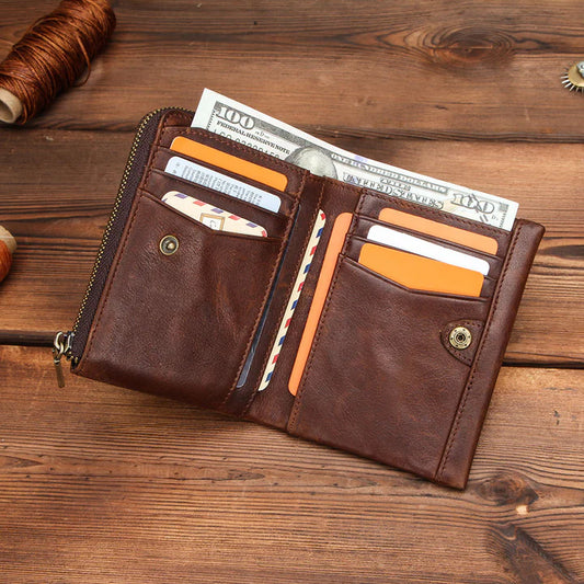 Contact's Vintage Bifold Genuine Leather Wallet for Men Small RFID Wallet With Built-in Card Slot Zipper Coin Purse Wallet