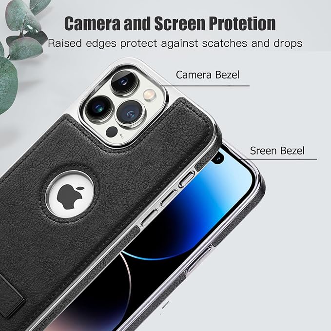 iPhone  Leather Case with Kickstand, 2 Adjustable Stand Modes, Retro Luxury Business Electroplated Edges  Drop Protection Slim Cover for iPhone