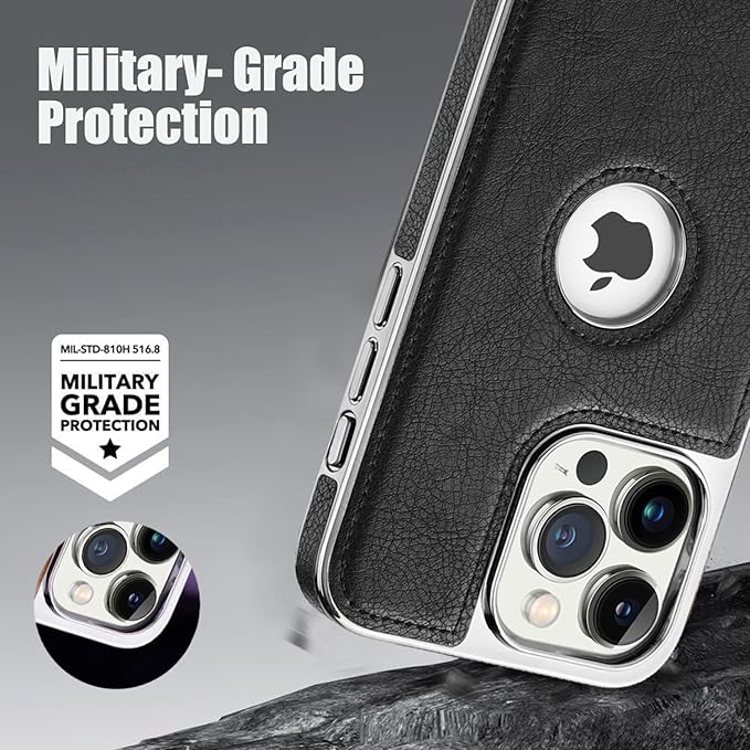 iPhone  Leather Case with Kickstand, 2 Adjustable Stand Modes, Retro Luxury Business Electroplated Edges  Drop Protection Slim Cover for iPhone