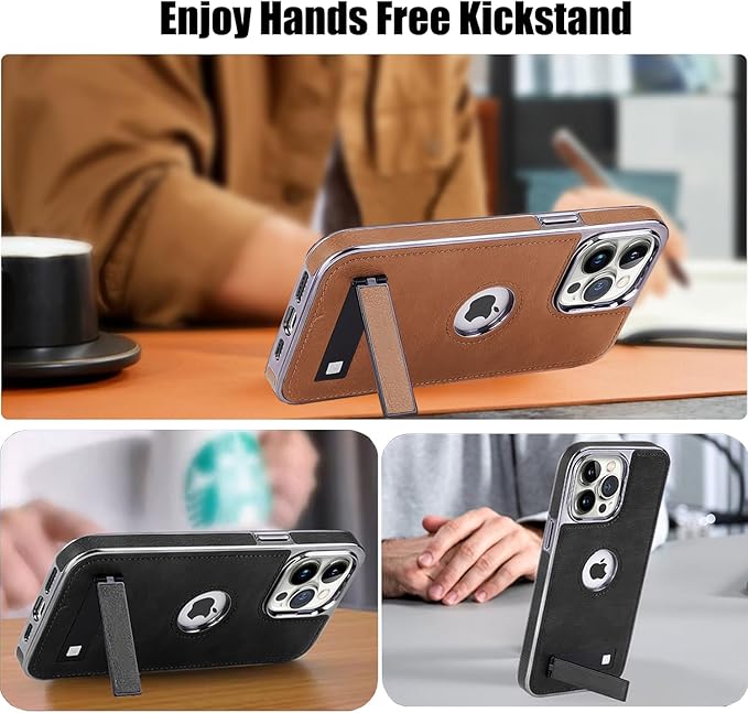 iPhone  Leather Case with Kickstand, 2 Adjustable Stand Modes, Retro Luxury Business Electroplated Edges  Drop Protection Slim Cover for iPhone