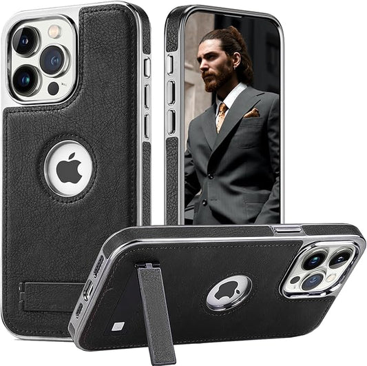 iPhone  Leather Case with Kickstand, 2 Adjustable Stand Modes, Retro Luxury Business Electroplated Edges  Drop Protection Slim Cover for iPhone