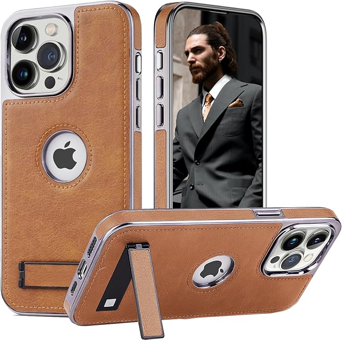 iPhone  Leather Case with Kickstand, 2 Adjustable Stand Modes, Retro Luxury Business Electroplated Edges  Drop Protection Slim Cover for iPhone