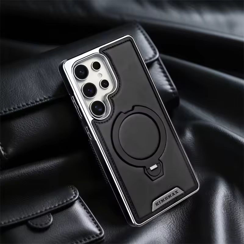 Luxury Electroplating PU Leather Phone Case for Samsung With Rotation Ring Magnetic Stand Shockproof Cover