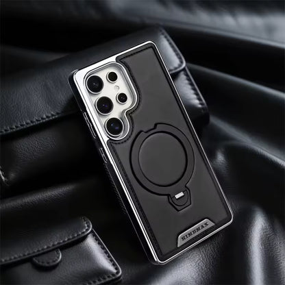 Luxury Electroplating PU Leather Phone Case for Samsung With Rotation Ring Magnetic Stand Shockproof Cover