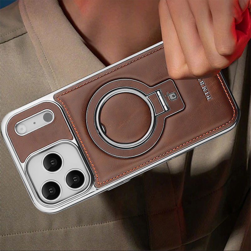 Luxury Electroplating PU Leather Phone Case for iPhone With Rotation Ring Magnetic Stand Shockproof Cover