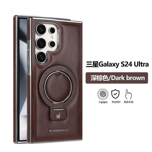 Luxury Electroplating PU Leather Phone Case for Samsung With Rotation Ring Magnetic Stand Shockproof Cover