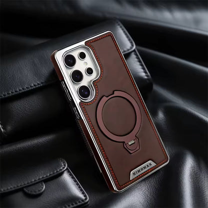 Luxury Electroplating PU Leather Phone Case for Samsung With Rotation Ring Magnetic Stand Shockproof Cover