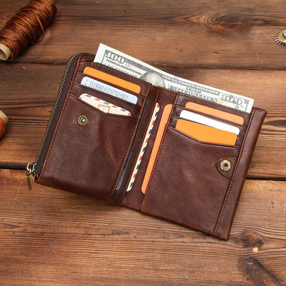 Contact's Vintage Bifold Genuine Leather Wallet for Men Small RFID Wallet With Built-in Card Slot Zipper Coin Purse Wallet