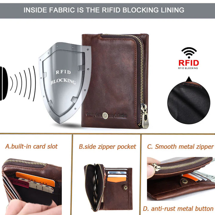 Contact's Vintage Bifold Genuine Leather Wallet for Men Small RFID Wallet With Built-in Card Slot Zipper Coin Purse Wallet