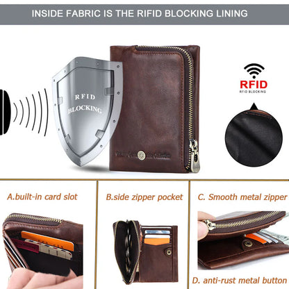 Contact's Vintage Bifold Genuine Leather Wallet for Men Small RFID Wallet With Built-in Card Slot Zipper Coin Purse Wallet