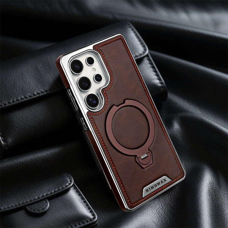 Luxury Electroplating PU Leather Phone Case for Samsung With Rotation Ring Magnetic Stand Shockproof Cover