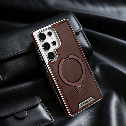 Luxury Electroplating PU Leather Phone Case for Samsung With Rotation Ring Magnetic Stand Shockproof Cover