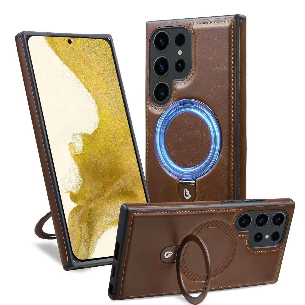 Luxury Electroplating PU Leather Phone Case for Samsung With Rotation Ring Magnetic Stand Shockproof Cover