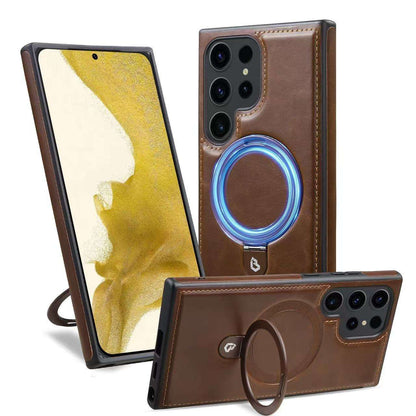 Luxury Electroplating PU Leather Phone Case for Samsung With Rotation Ring Magnetic Stand Shockproof Cover