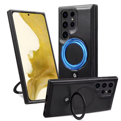 Luxury Electroplating PU Leather Phone Case for Samsung With Rotation Ring Magnetic Stand Shockproof Cover