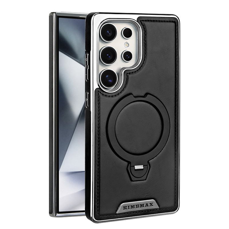 Luxury Electroplating PU Leather Phone Case for Samsung With Rotation Ring Magnetic Stand Shockproof Cover