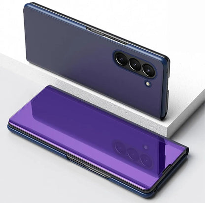 Flip Plating Mirror Case with Stand Function,PC/PU Translucent Clear View Shockproof Phone Protective Case Cover for FOLD
