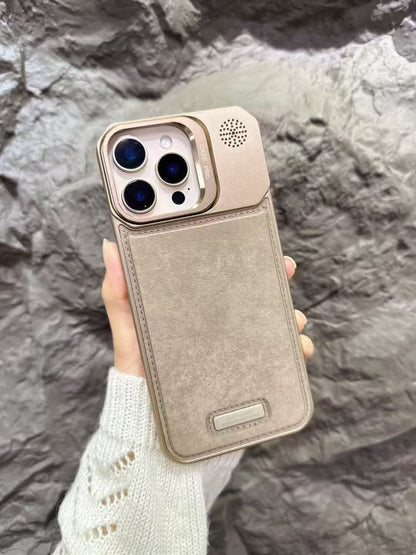 Leather Metal Stand Case with, Anti-Scratch &amp; Dust Protection, Raised Lens Protector, Soft Leather Covers, Titanium Edges.